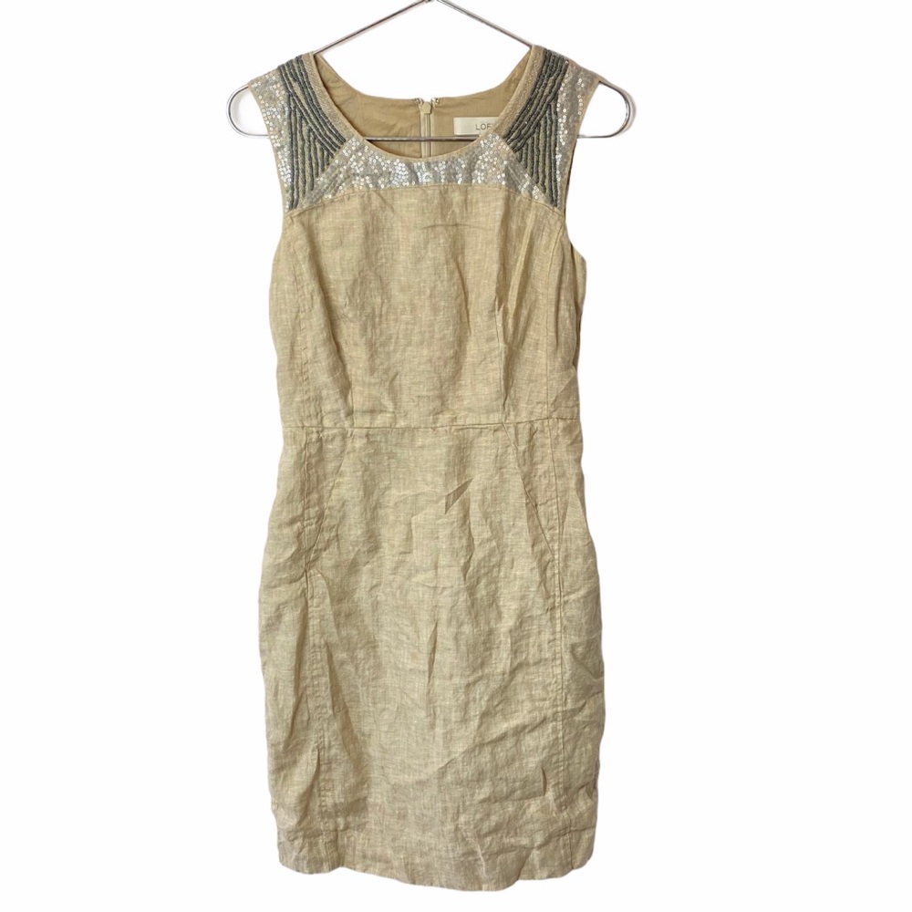 LOFT Sleeveless sequin linen beige shift dress